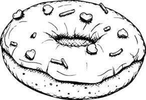 sketch of a donut with icing and sprinkles in the shape of a heart. Hand drawn with a liner, perfect for Valentine s Day designs, menus, packaging and branding. Romantic and sweet vibes vector