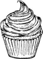 illustration of a cupcake topped with whipped cream swirl. Hand-drawn in black-and-white, perfect for festive bakery menus, dessert branding, Valentine s Day cards and creative culinary project vector