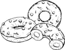 Black and white sketch of three donuts with icing and sprinkles in the shape of a heart. Perfect for Valentine's Day designs, bakery branding, holiday packaging, menus, dessert-themed projects vector