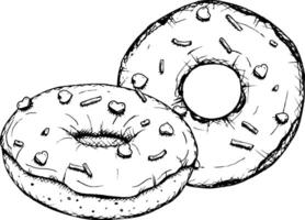 sketch of two round donuts with icing and sprinkles in the shape of a heart. Hand drawn with a liner, perfect for Valentine s Day designs, menu, packaging and branding. Romantic and sweet vibes vector