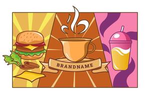This illustration is divided into three sections. The left section features a hamburger. The middle section showcases a steaming cup of coffee.The right section displays a cold beverage in a cup. vector