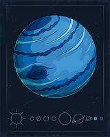 Hand drawn ice giant, dark, cold windy green blue Neptune planet floating in the solar system orbit vector