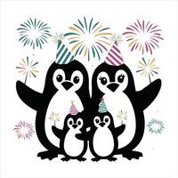 Three penguins with balloons, gift boxes and a funny hat with golden sparkles. illustration vector
