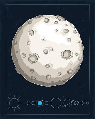 Hand drawn solid reflective rocky off white brown grey Moon with its lunar craters in outer space