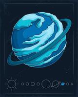 Hand drawn ice giant cold windy blue green Uranus planet with its rings orbiting in outer space vector