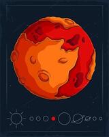 Hand drawn fiery energetic reddish Mars planet in outer space full of comet and asteroid, red planet vector