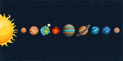 Hand drawn set of solar system planets with the sun and the moon in order in outer space universe vector