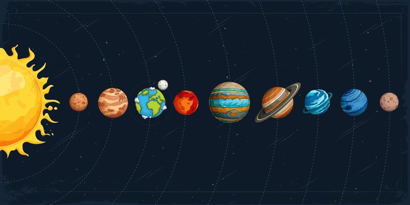 Hand drawn set of solar system planets with the sun and the moon in order in outer space universe