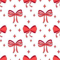 Seamless pattern,simple hand drawn ribbon red bows. Stars festive background vector