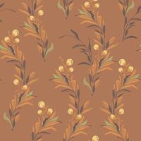 seamless elegant winding vertical berries branches ornament pattern with golden caramel leaves on a neutral mocha mousse color background. vector