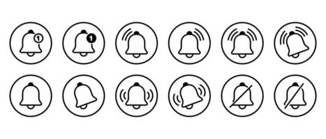 Bell outline icon set collection on circle line. Notification, alarm reminder sign symbol vector