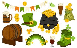 St. Patrick Day. Set of symbols and elements. Glasses of beer, cone hat, cauldron with gold, clover, flags, boots, gold coins. vector