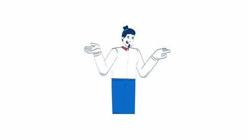 Professional man gesturing with open hands and pointing hand drawn 2D character animation. Corporate communication cartoon doodle 4K . Businessman explaining animated person handdrawn on white video