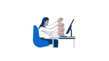 Overwhelmed professional woman multitasking at desk hand drawn 2D character animation. Multiple arms typing computer keyboard cartoon doodle 4K . Employee animated person handdrawn on white video