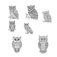set of owls line art on white background vector