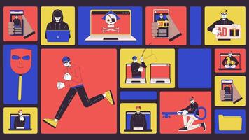 Cyber frauds bento grid animation. Robber scammers with mobile phones, laptops. Computer hackers crimes collage motion 4K web design. Animated cartoon characters collection mood board video