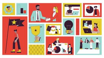 colaboración equipo miembros bento cuadrícula animación. proyecto gestión. corporativo trabajadores multinacional collage movimiento 4k web diseño. animado dibujos animados caracteres colección estado animico tablero video