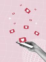 Trendy halftone collage.Concept of online communication,congratulating each other.Hands holding a modern phone,congratulations to a loved one,social network icon in the form of a heart vector