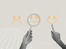 Trend halftone collage. Feedback concept, customer feedback, customer reviews, customer evaluation, rating concept. Hand picks face with smile showing customer satisfaction and high rating vector