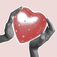 Trendy halftone collage.Heart in the hands of a loved one. Hands gently holding a red halftone heart of a loved one, protecting it. Concept of communication, cherishing each other vector