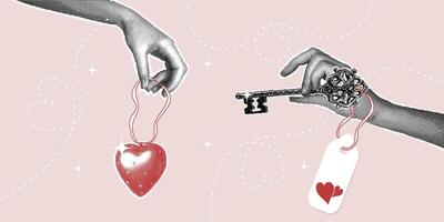 Trendy halftone collage. Heart Key. Hand holding red halftone heart and carved vintage key from it.The concept of communication,the ability to find the right words for a loved one.Trendy retro collage vector