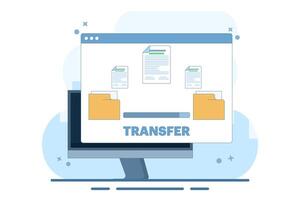 Data and document transfer concept. Copy files, data exchange, application synchronization, file sharing via the internet. Modern illustration in flat style. vector