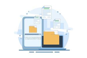 Data and document transfer concept. Copy files, data exchange, application synchronization, file sharing via internet. Flat design illustration. vector