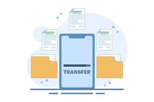 Data and document transfer concept. Copy files, data exchange, application synchronization, file sharing via internet. Flat style design illustration. vector