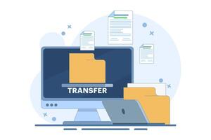 Data and document transfer concept. Copy files, data exchange, application synchronization, file sharing via the internet. Modern design illustration in flat style. vector