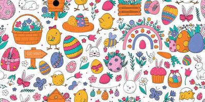 Easter doodles seamless pattern with cute cartoon elements for walpaper, wrapping paper, kids apparel, textileprints, backgrounds, packaging, etc. EPS 10 vector