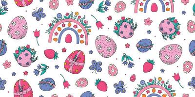 Easter cute doodles pattern with flowers and eggs for wallpaper, textile prints, wrapping paper, scrapbooking, stationery, digital paper, backgrounds, etc. EPS 10 vector