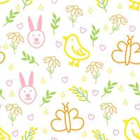 Easter seamless pattern with symbols of Easter and spring. Rabbit, chicken, flowers, butterflies, twigs, leaves, hearts and stars on a white background. Children cute animal pattern. vector