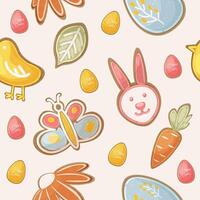 Easter seamless pattern with cookies in the shape of Easter eggs, bunny, chicken, butterfly, flower, leaf and carrot. Children cute animal pattern. vector