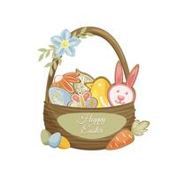 Basket with Easter cookies and eggs, decorated with a flower. Easter bunny, carrot, egg, leaf, chicken, butterfly. vector