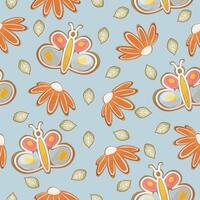 Easter seamless pattern with cookies in the form of flowers, leaves and butterflies on a blue background. Childish cute floral pattern with butterfly. vector