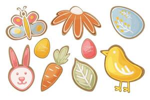 A set of Easter cookies in the shape of eggs, Easter bunny, carrot, chick, flower, butterfly, leaf. Easter baking and treats. vector