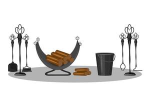 Fireplace tools and accessories. Firebox with firewood, scoop, brush, poker, forceps and coal bucket. vector