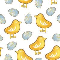 Easter seamless pattern with cookies in the form of yellow chickens and blue eggs. Children cute bird. vector