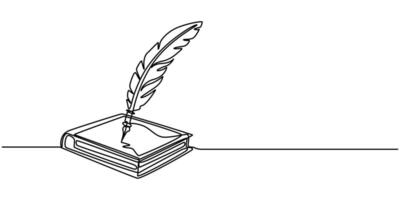 continuous one line drawing vintage Feather quill pen logo with book black ink stroke scratch icon vector