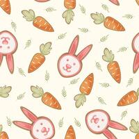 Easter seamless pattern with cookies in the shape of a bunny and carrot. On a white background with green leaves. Children cute animal pattern. vector