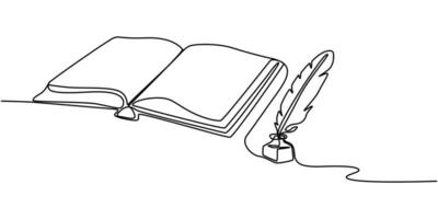 Single continuous one line drawing open book and quill in inkwell Old school stationery Vintage vector