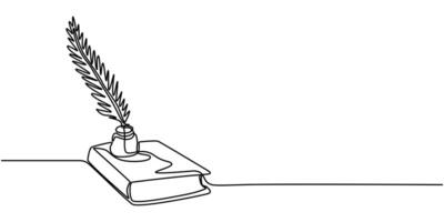 Single continuous one line drawing quill with ink on book Financial literacy concept vector
