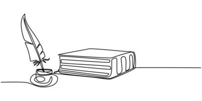 Continuous one line drawing a stack of books and an inkwell and quill Knowledge and learning vector
