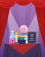 Magician elements cute composition. Wizard magic mystery amulet, spell book, crystal ball, magic bottle with elixir. illustration. vector
