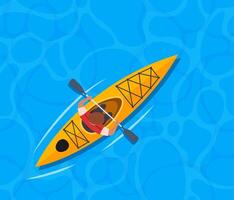 Men rowing with paddles in kayak. Men in helmets and life jackets rafting in sports boat with oars. Extreme water activity. illustration. vector
