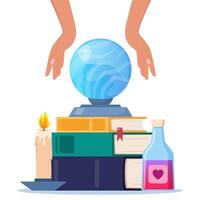 Magician tools composition. Wizard magic mystery amulet, spell book, crystal ball, magic bottle with elixir. illustration. vector
