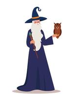 Old wizard man in robe and hat stands holding staff and owl. Bearded magician or witcher in mantle with magic wand. illustration. vector