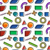 Vibrant geometric shapes in a seamless pattern with circles, rectangles, and lines on a white background. vector