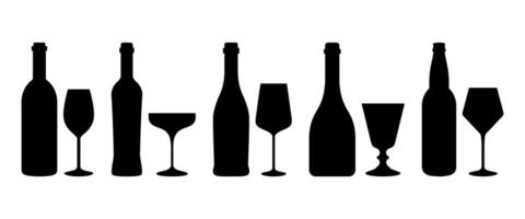 Wine bottle and glass collection. Different Kinds of Wine Bottles with Glasses illustration. Bottles of wine and different wine glass icons are isolated vector