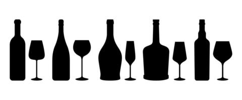 Set of wine bottles with wine glasses icons. Wine bottle and glasses silhouette. Wine bottles of various sizes. vector